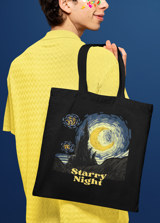 model holding Starry night van gogh artwork tote bag
